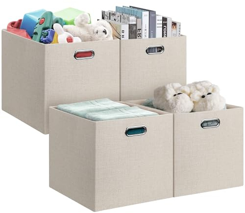Posprica 13x15x13in Collapsible Storage Bins, Fabric Foldable Cube Storage Boxes, Decorative Storage Baskets Organizer for IKEA Kallax, Shelves, Closet, Clothes, Toy, Set of 4-Beige