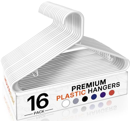 HOUSE DAY White Plastic Hangers 16 Pack, Slim Space-Saving Clothes Hangers