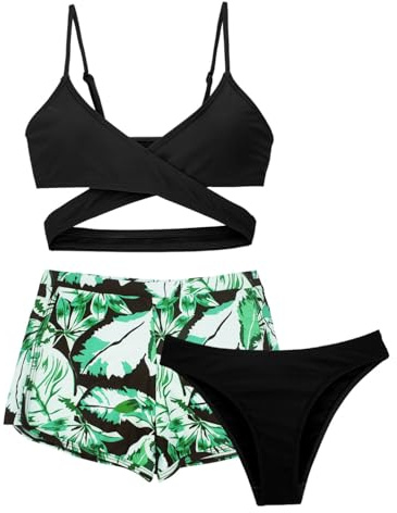 SEAUR Bikini da bambina con pantaloni, set da 3 pezzi, costume da bagno con stampa floreale, imbottito, bikini estivo, spiaggia, nuoto per 8-14 anni, Verde 1, 14 anni