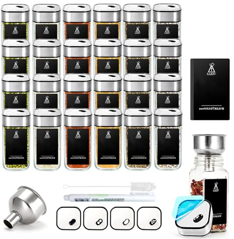 SIAZIH 24 Gewürzgläser eckig mit Edelstahldeckel，Glasbehälter mit Deckel 120ml, Drehbarer Deckel mit 4 Modi für Gewürzstreuer,Vorratsdosen Glas Set,Camping Outdoor Gewürz Organizer