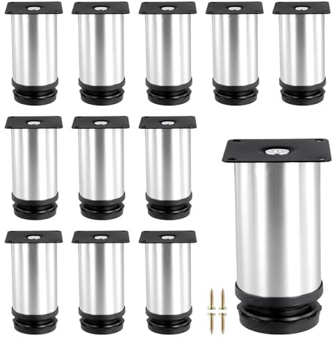 MOUYAT 12 Pack 4Inch Adjustable Furniture Legs, Stainless Steel Sofa Feet, Silver Table Legs for Kitchen, Cupboard, Sofa, Beds,Furniture Installation