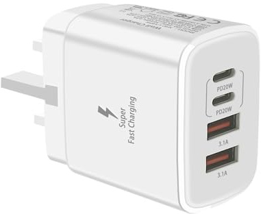 USB C Plug，40W 4-Port Fast Charger Plug UK Dual Port PD Power Adapter + QC Multi Mains Wall Charger Type C Charging Plug for iPhone 15 14 13 12 11 Pro Max XS XR,Samsung, iPad,AirPods，Fast Charger Plug