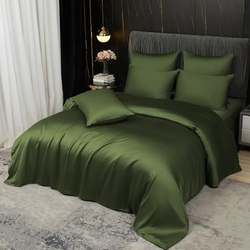 Boqingzhu Sommer Bettwäsche 200x220 cm 100% Bambus Lyocell Grün Olivgrün Atmungsaktiv & Kühlend Luxus Sommerbettwäsche Reißverschluss, Oeko-TEX Zertifiziert, Bettbezug mit 2 Kissenbezügen 80x80 cm