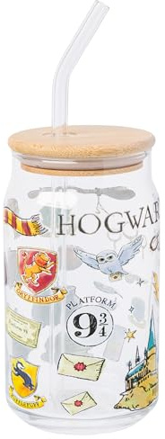 Silver Buffalo Harry Potter Hogwarts Platform 9 3/4 Gryffindor Hedwig Glass Jar Tumbler with Bamboo Lid and Glass Straw, 16 Ounces
