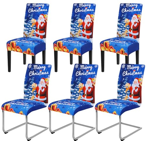 Yugarlibi Weihnachten Stretch Stuhlhussen 6er Set Stuhlbezug Schwingstuhl Universal Elastische Esszimmerstühle Bezug Xmas Waschbare Stühle Schutz für Esszimmer Hotel Party (6 Stück, Blau)