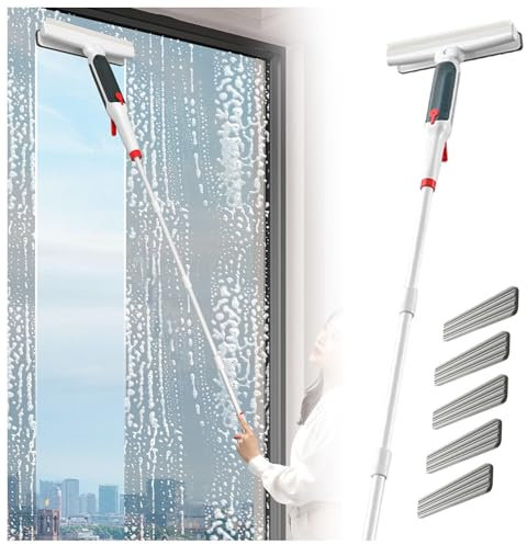 RYJYQYX Spruzzo 4 in 1 Lava Vetri Finestre con Asta di Prolunga(190cm), Lava Vetri Finestre con Raccoglitore Acque Nere E 5 Panni Lavavetri per Bagni,Finestre,Specchi
