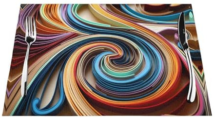 Bunte Papierstreifen-Tischsets, 4 Stück, gewebtes Vinyl, hitzebeständig, PVC, waschbar, für drinnen und draußen