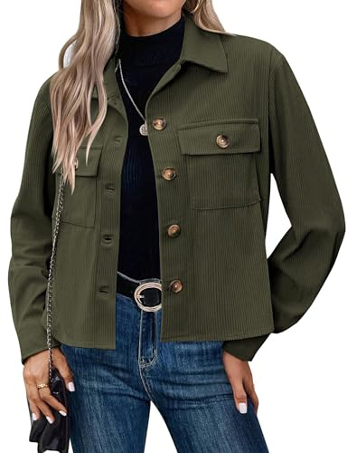 Moda para Mujer Grilletes recortados Pana Chaquetas Cortas con Botones Tops Camisas de Manga Larga Trendy 2024,Army Green,L
