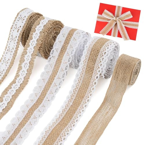 Juteband Spitzenband, 5 Rollen 2M Juteband mit Spitze, Natürliche Juteband | für Geburtstag Party Hochzeit Weihnachten Tischdeko DIY Basteln