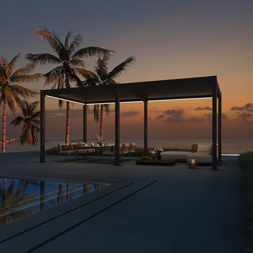 Weide E-Deluxe Pergola Lamellendach freistehend | wasserdichte Terrassenüberdachung motorisiert mit App, LED-Beleuchtung & Regenrinne