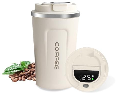AMFUN Travel Mug, 380ml Insulated Coffee Cup With LED Temperature Display, Reusable Leakproof Tumbler, Stainless Steel for Hot & Cold Drinks (White)