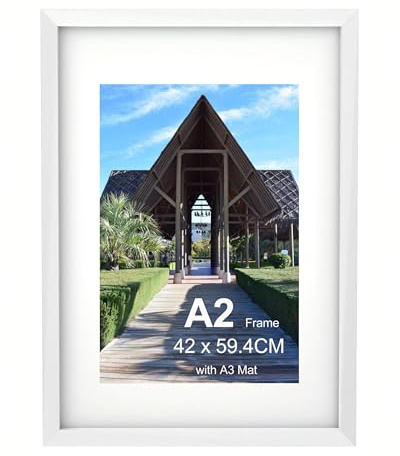 Szyeequoo Bilderrahmen A2 Weiß 1er Set, 42 x 59,4 cm, mit Passepartout für A3 29,7 x 42 cm, Holzwerkstoff Rahmen mit Acrylglas, Wandmontage, Hoch- und Querformat