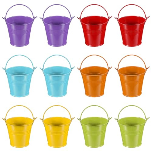 PATIKIL 7x5x6cm Pequeños Cubos de Metal con Asa, 12 Pcs Mini Cubo Galvanizado Colorido para Pascua para Manualidades Fiestas Decoración, Verde/Amarillo/Naranja/Azul/Rojo/Morado