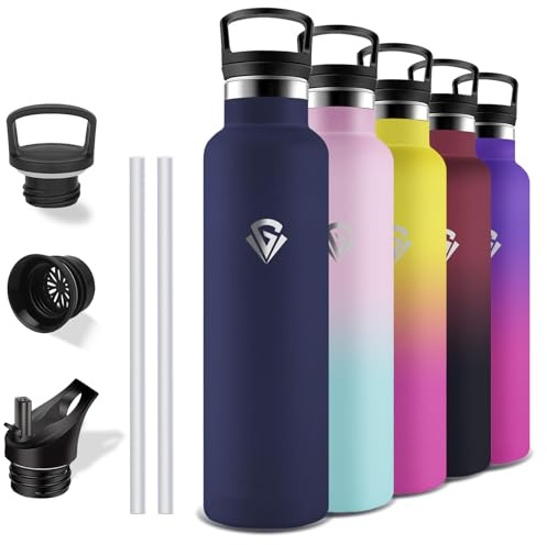 Grsta Trinkflasche Edelstahl 1l, Trinkflasche mit Strohhalm, BPA-Frei, Auslaufsicher, Doppelwandige Vakuumisolierte, Thermosflasche für Yoga, Camping, Wandern, Fitnessstudio