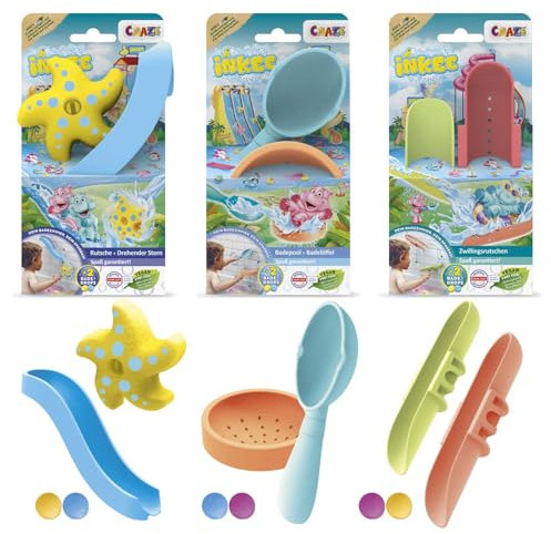INKEE Toys Set | Set de Jouets de Bain avec Toboggan Aquatique, Pataugeoire, Étoile de mer, Epuisette - Jouet Bain Enfant avec Ventouse , Jouet d’Eau interactif