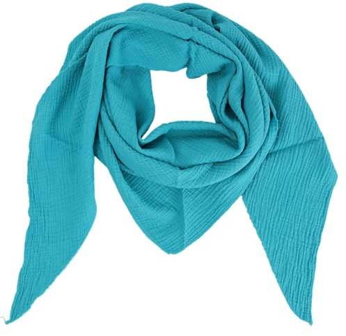 MIRROSI Damen Musselin Halstuch Made in Italy mit Leoprint oder Unifarben – Leichtes Dreieckstuch für Frühling & Sommer, Baumwolle, 200x80 cm (Uni Türkis)