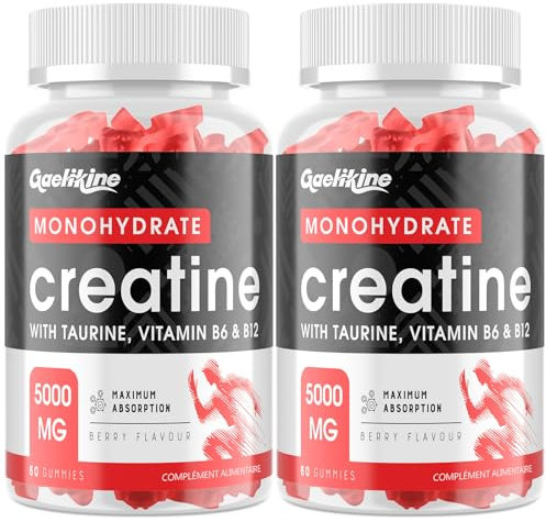 Bonbons Gélifiés à la Créatine Monohydrate 5000mg, Créatine à Haute Dose avec Taurine, Vitamines B12 et B6, Alternative aux Capsules et Poudres de Créatine, Végétalien, 60 Unité (Lot de 2)