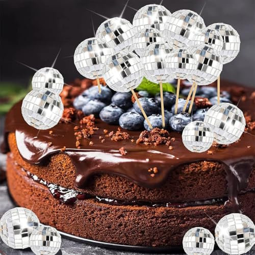 Disco Ball Cupcake Toppers, 70s Retro Cake Decorations With Stick for Dessert, Shiny Mini Ball Picks for Birthday, Theme Party Supplies for Decor Ornament