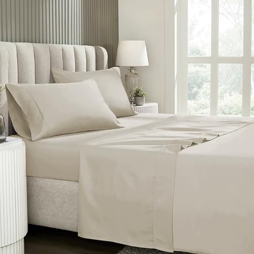 Juego de Sábanas Lisas de Microfibra Cepillada Extra Suave – Resistente a las arrugas y decoloración – Fácil planchado – Bajera Ajustable, Encimera y 1 Funda de Almohada (Lino, Cama 135 cm)
