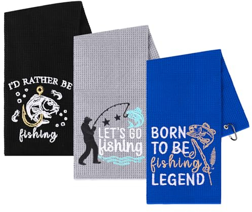 3Pcs Fishing Towels with Clip Soft Embroidered Fishing Towel Effective Cleaning of Fishing Gears Dirty Hands Boat Towels 16 x 16” Absorbent Fishing Hand Towel for Men Women Camping Hiking Fly Fishing