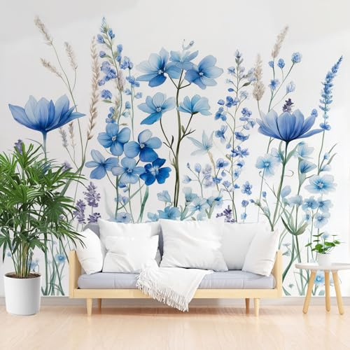 Gaqinhh Prairie Fleurie Bleue Papier Peint Panoramique, Fleurs Vintage Papier Peint Intissé, Style Campagne Pastoral Tapisserie Murale Cuisine Salle de Bain, Décoration Murale Chambre, 150 x 105 cm