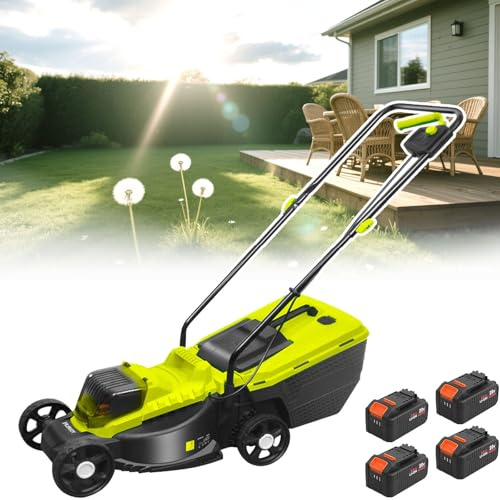 ZHLINGQ Tondeuses à Gazon Poussées, Débroussailleuse électrique sans Fil avec Clé De Sécurité, Bac De Ramassage De 40 litres, Autonomie De 50 Minutes, Réglage De La Hauteur en 3e Vitesse,Battery*4