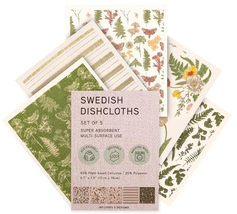 MosJos Swedish Dishcloths, Vintage Plant-Based Cellulose, 6.7x7.5 Inch, Super Absorbent, Multi-Surface, Machine Washable, Reusable, 5 Pack (Green)