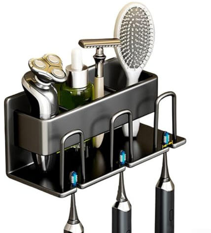 Zahnbürstenhalter zur Wandmontage, ohne Bohren, Metall, Badezimmer-Organizer mit Becher und Zahnpasta-Halter für elektrische Zahnbürsten (schwarz, 3 Stück (ohne Tasse)