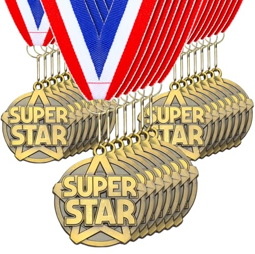 Cunno 20 Pcs 2'' Gold Award Medals Bulk with Ribbons, Super Star Shaped