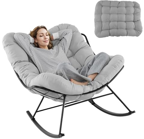 RELAX4LIFE Fauteuil à Bascule de Jardin, Chaise Papasan avec Coussin et Cadre en Métal pour Intérieur et Extérieur, Charge 205KG pour Chambre Salon Porche Jardin Terrasse (Gris) (Gris Clair)
