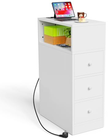 PIPIPOXER Nachttisch schmal, Nachttisch mit Steckdose & USB, Nachtschrank mit 3 Schublade, 1 Offenen Fächern für Schlafzimmer, Wohnzimmer, 45x25x70 cm (Weiß, 1er Set)