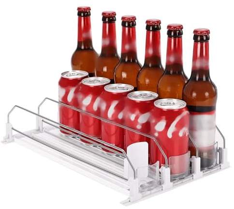 LOCADENCE Drink Organizer för Kylskåp, 15 Tum e Formad Självskjutande Läskburk, Breddjusterbar Ölflaska Dryckesorganisator för Garagekylare (Wit)