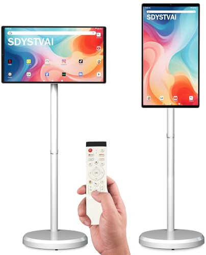 21.5 FHD Smart Portable TV, Rolling TV on Wheels, Android 15 OS, 6G +128GB Storage, Portable Touch Screen Monitor, 13MP Camera, Built-in Battery, 60Hz Refresh Rate, Full Swivel Rotation, Voice Remote