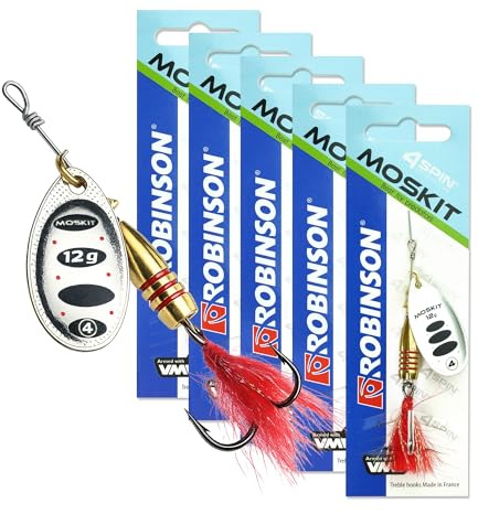 ROBINSON Spinner Angelköder 5er Set | für Hecht, Barsch, Zander & Forelle | Starke Druckwellen durch breites Metallblatt · VMC-Drilling auf Edelstahl · Feder am Haken · 5er Sparset