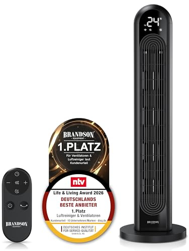 Brandson - DC Turmventilator sehr leise - Ventilator mit DC Motor Eco Design – Sieger Ventilatoren und Luftkühler 2026-12 Geschwindigkeiten – 4 Modi normal Natur Schlaf Auto – Oszillation
