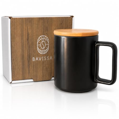 BAVISSA Ceramic Coffee Mug, 400ml, Bamboo Lid, Spillproof (Satin Black) | Ceramic Mug with Handle, Removable Bamboo Lid, Rubber Sealed Design for Reduced Spills