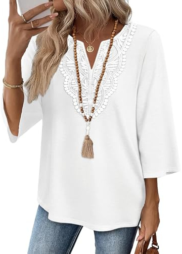 Desol Womens 3/4 Sleeve Tops Boho V Neck Lace Shirt Trendy Blouses Dressy Casual Vacation Clothes White