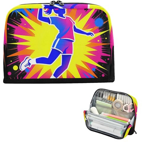 BCFHRGT Federmäppchen, großes Fassungsvermögen, Make-up-Tasche, mehrere Fächer, für Herren, Mittelschule, Handball, Neonfarbe