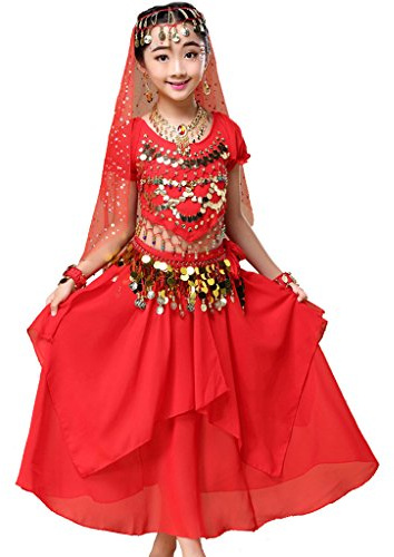 Astage Magdansdräkt för flickor till halloween, outfit, indisk, orientalisk, karneval, komplett set, Röd, 10-11 År