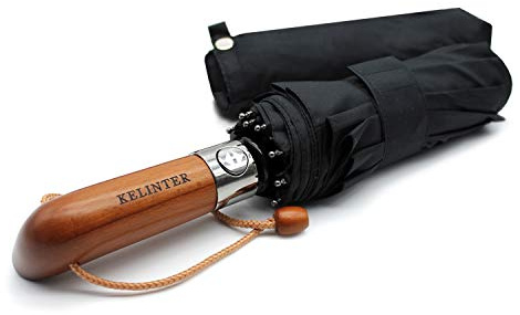 KELINTER Paraguas Plegable Automático Resistente al Viento - 10 Varillas Reforzadas Antioxidantes, Mango de Madera Clásico, para Hombres y Mujeres - Diseño de Galicia (Negro)