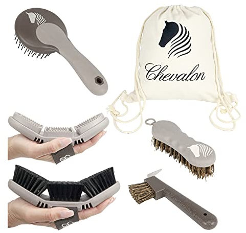 Chevalon Pferde Putzset | Flexible Kardätsche | Striegel/Massagebürste | 2in1 Hufkratzer mit Edelstahl-Pick | Mähnen- Pferdebürste | Hufbürste | Putztasche für Pferde Zubehör/Pferdeputzzeug Set
