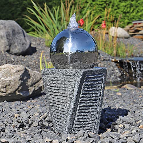 CLGarden Granit Springbrunnen SB17-2 mit Säule und Edelstahl Kugel Gartenbrunnen Set Stein mit LED Beleuchtung Garten Wasserspiel