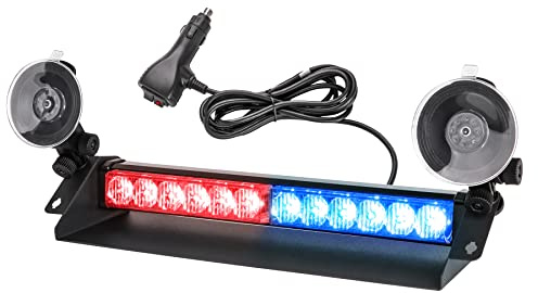 ROUTEKING 35,6cm LED Blaulicht Warnleuchte Frontblitzer 12 LED Rot/Blau | 9 Blinkmodi Blitzleuchte, 2 Saugnäpfe Hohe Intensität 12V-24V Blinkende Windschutzscheibe Lampe Stroboskopstange für Auto