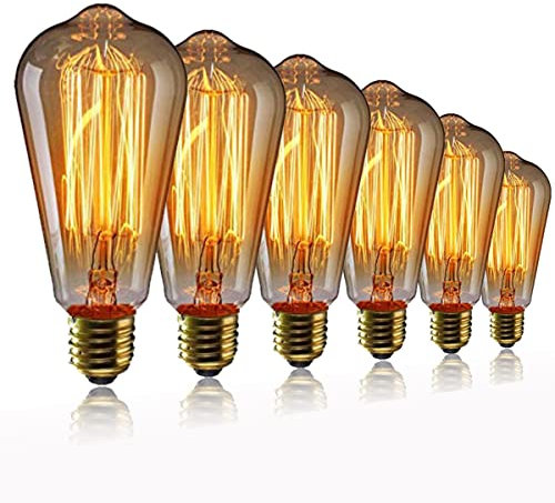 Vintage Edison E27 Filament Light Bulb 40W ST64 - Retro Incandescent Industrial Style Bulb, Warm White, Decorative 6 Pieces