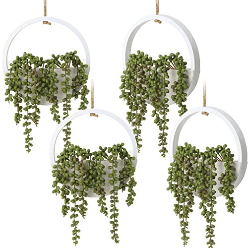 Yunsailing 4 plantas suculentas artificiales colgantes, cadena de perlas falsas, plantas colgantes, cadena de plantas artificiales con marco de madera y cordón, suculentas artificiales para decoración