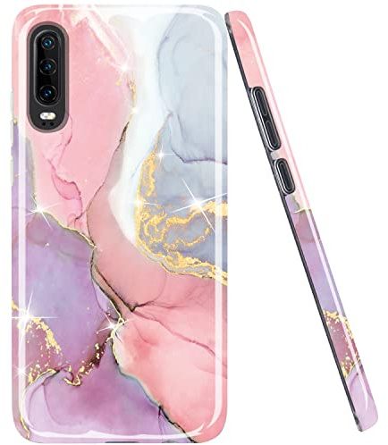 JAHOLAN Huawei P30 Hülle Handyhülle TPU Silikon Weiche Schlank Schutzhülle Handytasche Flexibel Case Handy Hülle für Huawei P30 - Marmor Gold Glitter Pink Purple