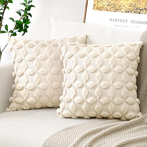 Artscope 2er Set Wolle Kissenbezüge Weicher Plüsch Kurzer Wollsamt Dekokissenbezuge Luxuriöses Sofakissen Boho Kissenhülle für Sofa Schlafzimmer Blumenmuster Creme Beige, 45x45cm