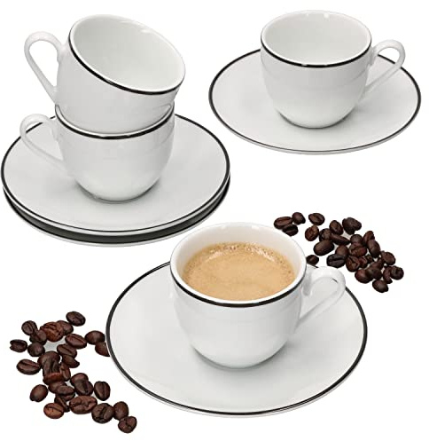 MamboCat Lineo Espressotassen-Set für 4 Personen I 80 ml I Porzellan I 4X Espressotasse & 4X Espressountertasse I Weiß mit Schwarzer Linie I Alternativ für Lungo, Americano, Ristretto & Co
