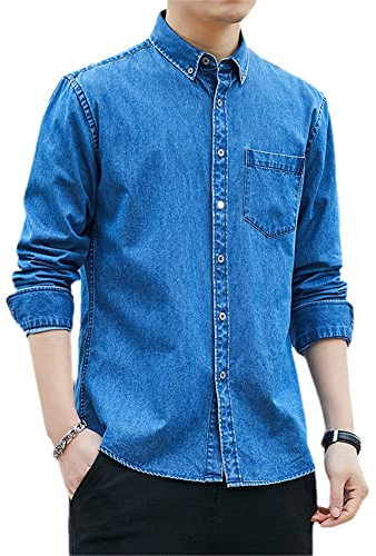 Vsadsau Camicia classica in denim da uomo Casual a maniche lunghe con risvolto Jean Camicette vintage, C2009 Azzurro, 4XL