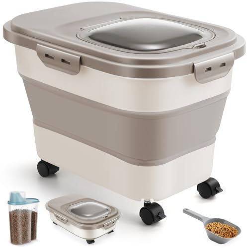 ANVS Dog Food Storage Container - Up to 20lbs Collapsible Dog Food Container with Casters, Scoop and 2.5L Small Pet Food Container to Keep Dry Pet Food Fresh (Khaki)